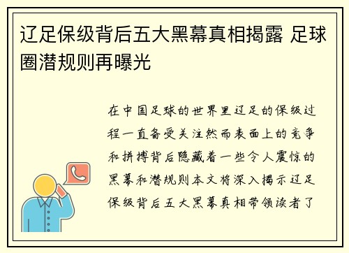 辽足保级背后五大黑幕真相揭露 足球圈潜规则再曝光